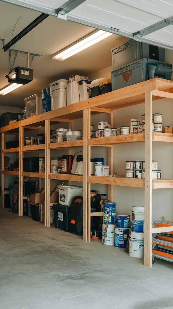 A DIY homeowner built robust pressure-treated wood shelves, transforming their concrete garage into an organized space for tools and supplies.