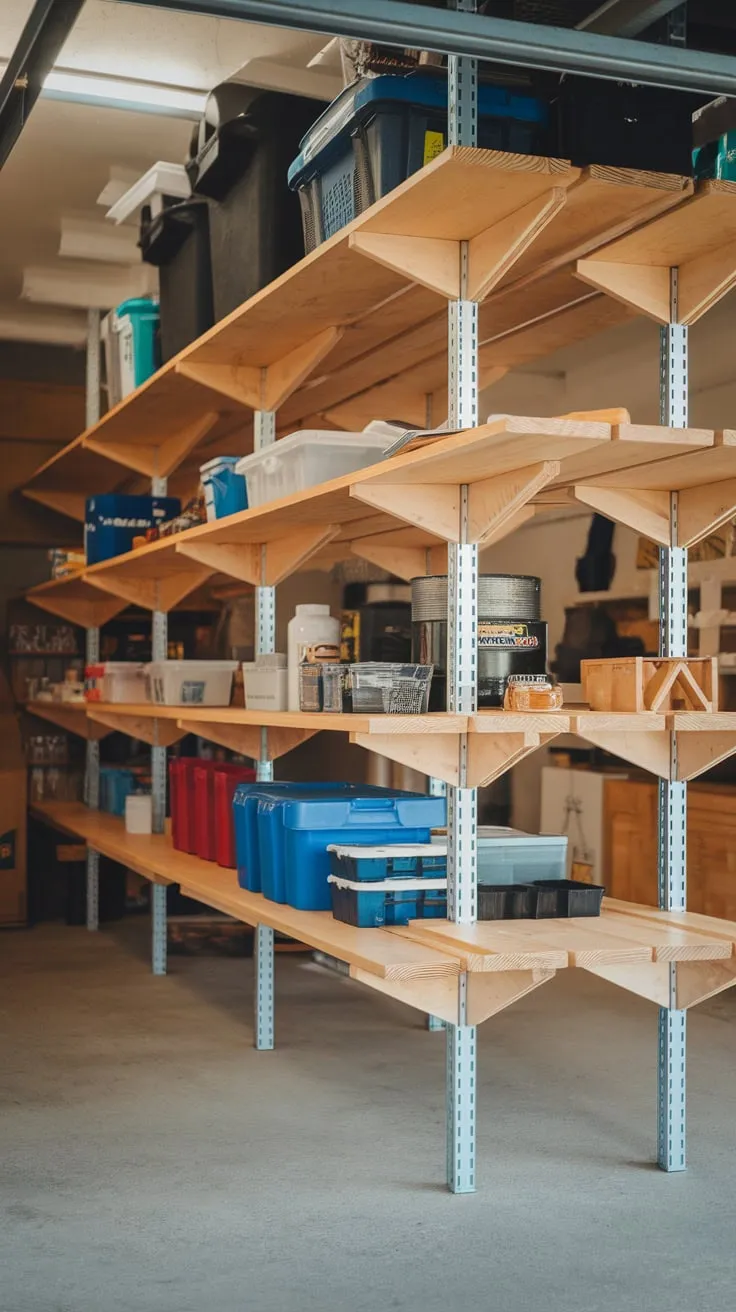 Organize your garage clutter efficiently using a robust wooden shelving unit, providing ample storage for various items.