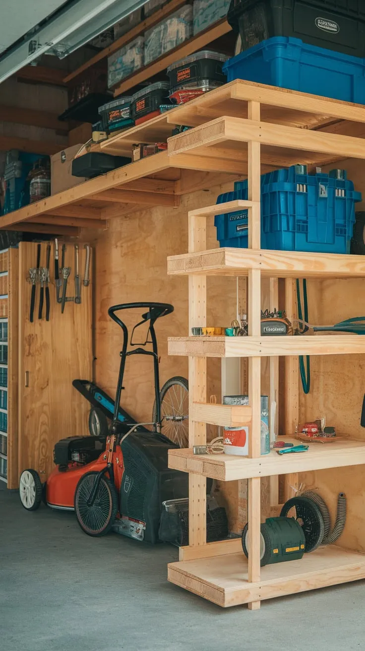 Maximize your garage space with sturdy plywood shelving, perfectly organizing tools, bikes, and more.