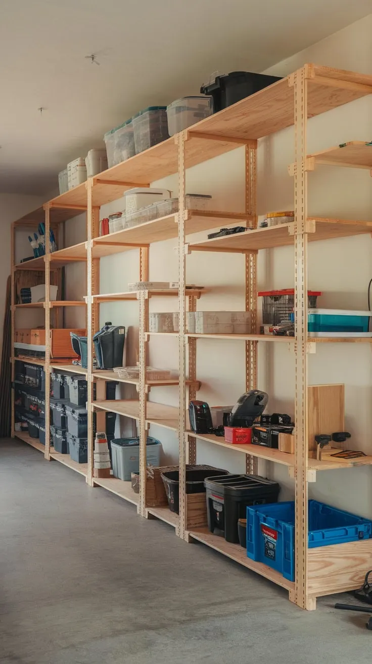 Maximize your garage space with a sturdy wooden shelving system, perfectly organizing tools and supplies.