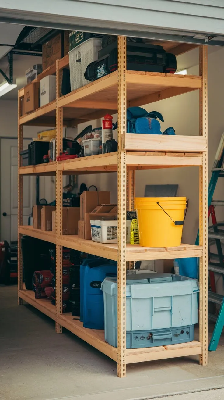 A vibrant yellow bucket adds a pop of color to this organized wooden garage shelving unit, showcasing its efficient storage capacity.