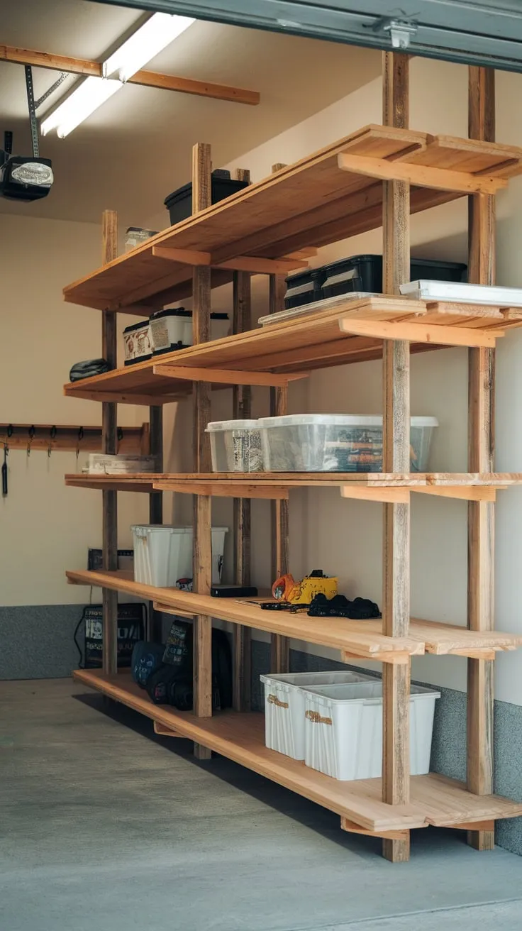 Rustic wooden garage shelving maximizes space with multiple levels storing tools and supplies.