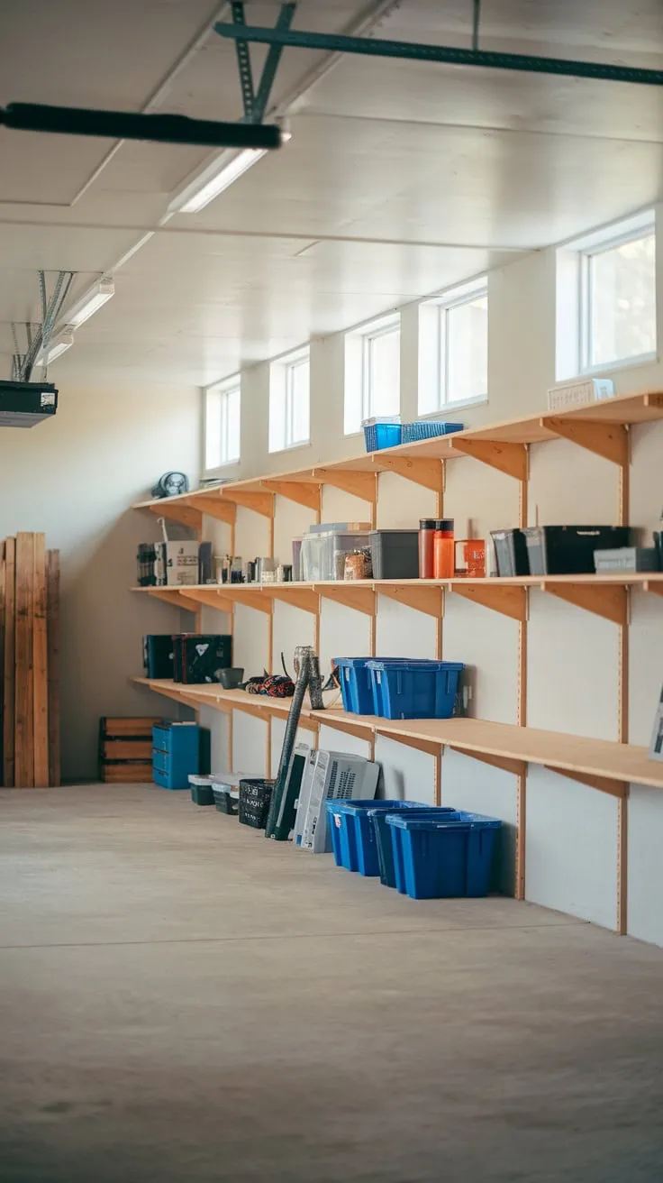 Neatly organized white wooden garage shelving maximizes basement storage, illuminated by natural light