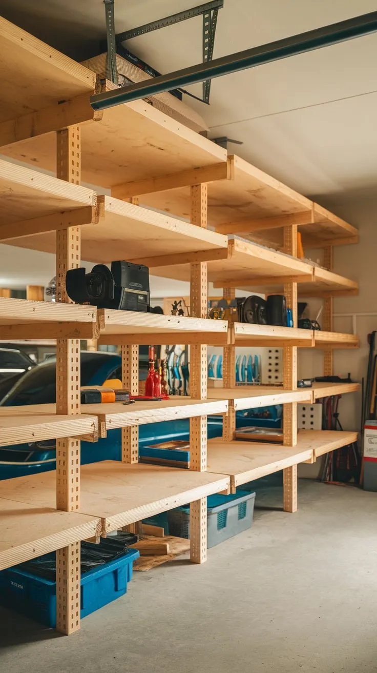 Transform your cluttered garage into an organized haven with a sturdy plywood shelving system maximizing space and showcasing your tools and equipment