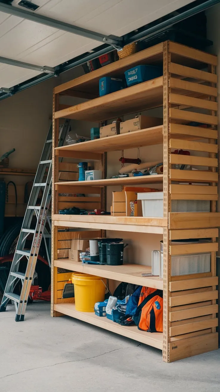 A sturdy wooden garage shelving unit, brimming with tools and supplies, maximizes space with its multi-level design and mix of shelf sizes