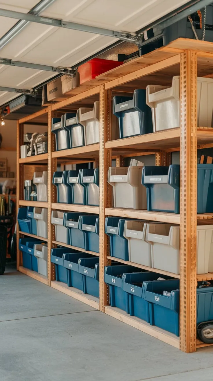 Brightly lit, this organized wooden garage shelving system uses multiple bins to efficiently store your tools and supplies.