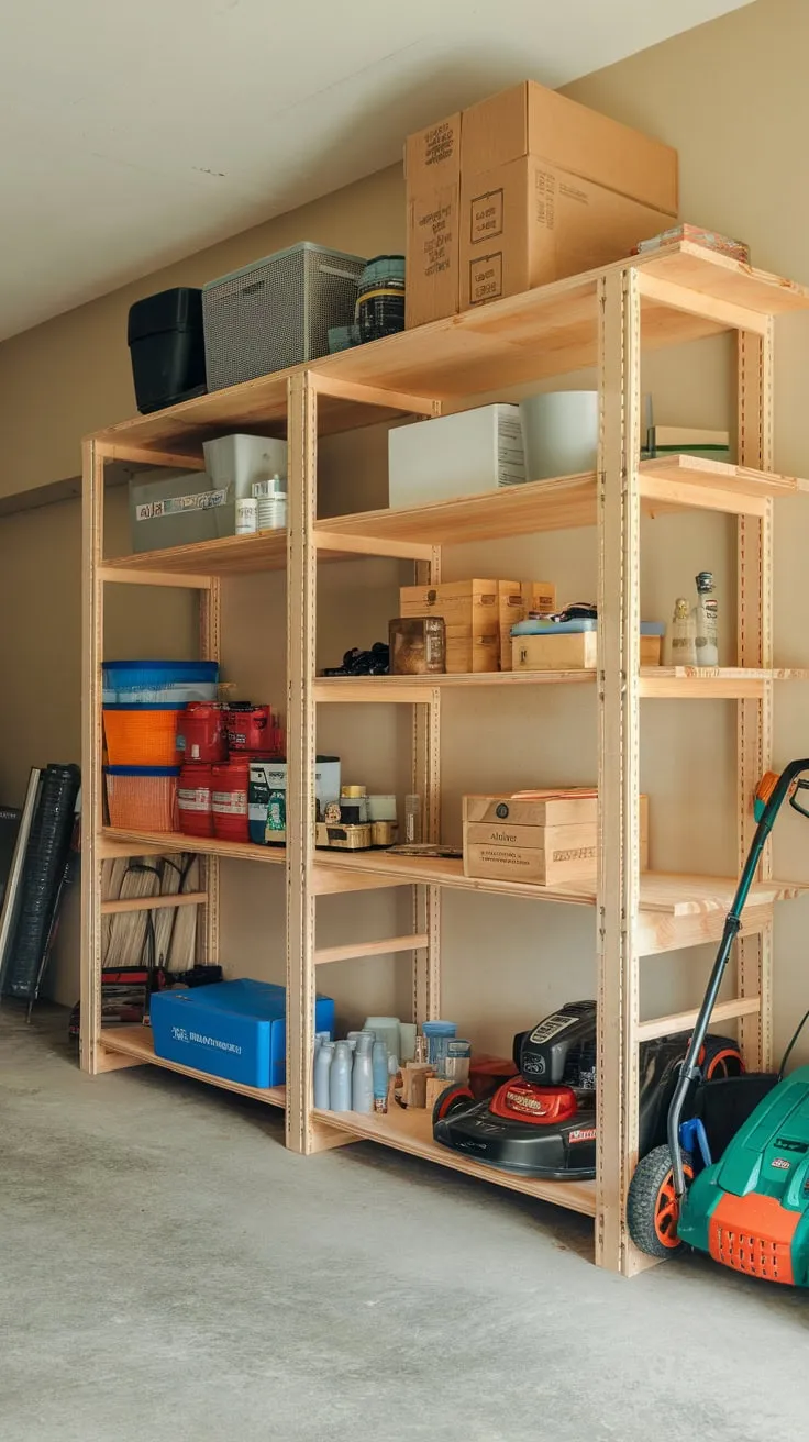 Maximize your basement storage with a sturdy DIY wooden garage shelving unit holding tools, lawn equipment, and more