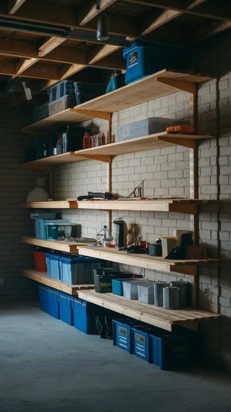 Organized wooden shelves transform a dark basement into efficient storage for tools and household items.