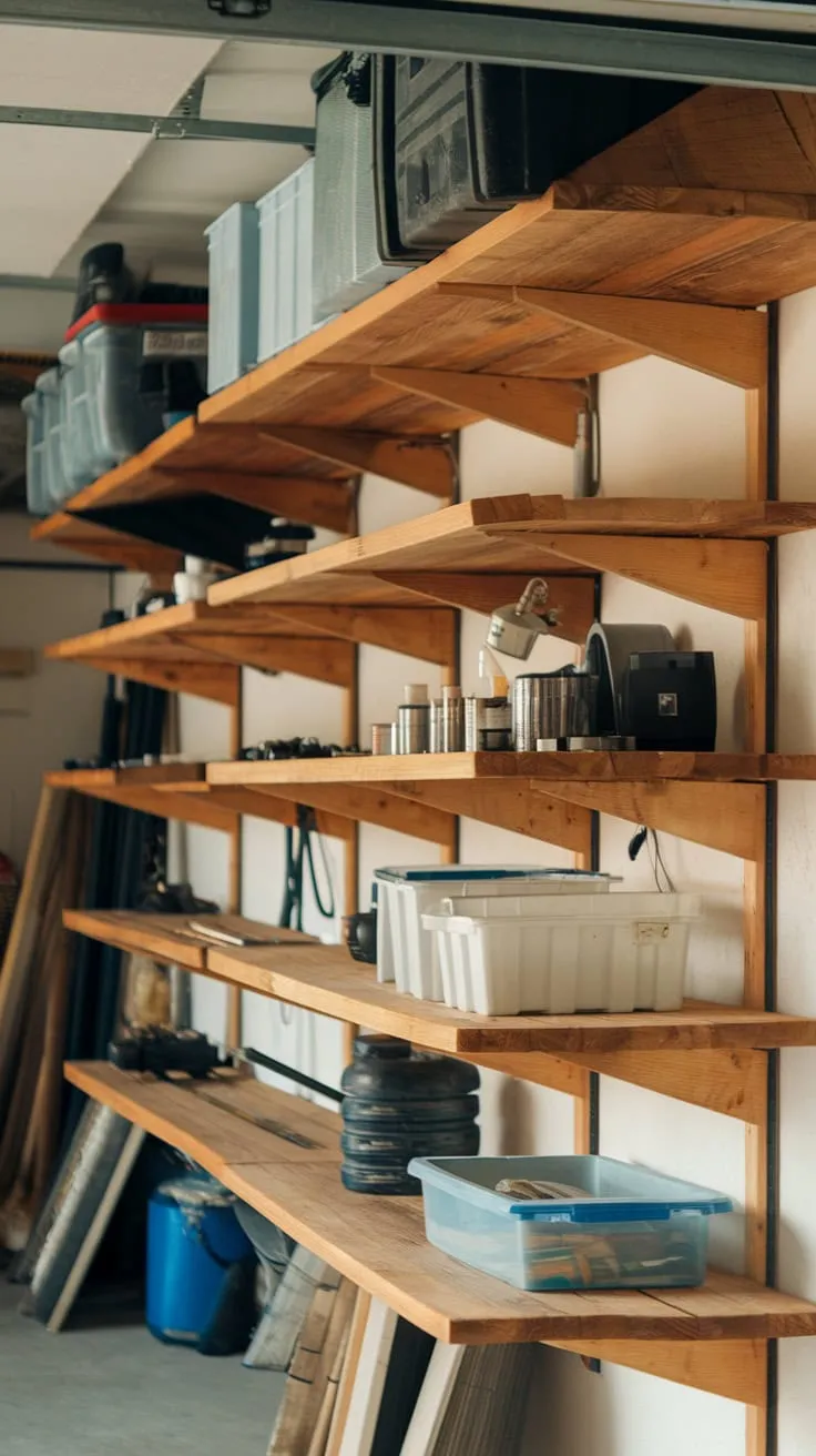 Rustic wooden wall shelving transforms cluttered garages into organized storage spaces