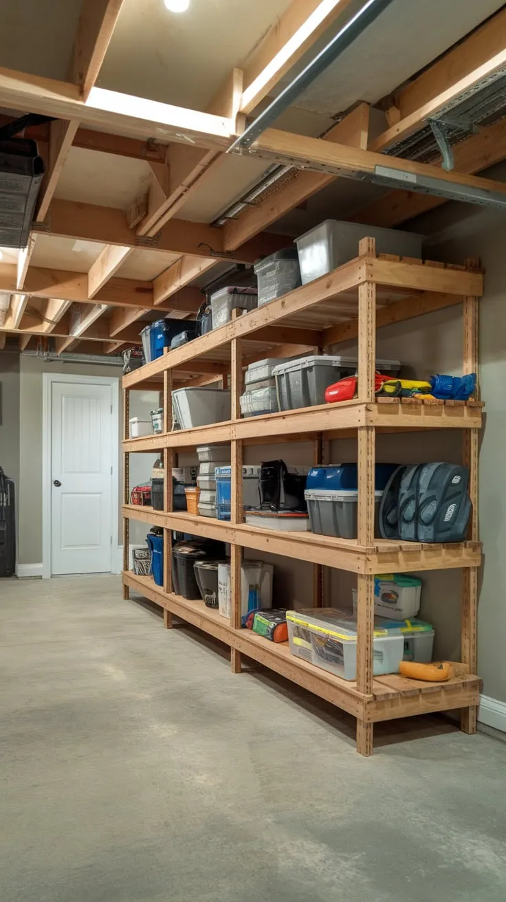 Weathered cedar shelves transform a basement into an organized storage space.