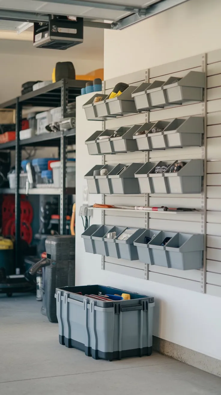 A wall-mounted shelf system and floor storage create a perfectly organized garage, keeping your tools readily accessible.