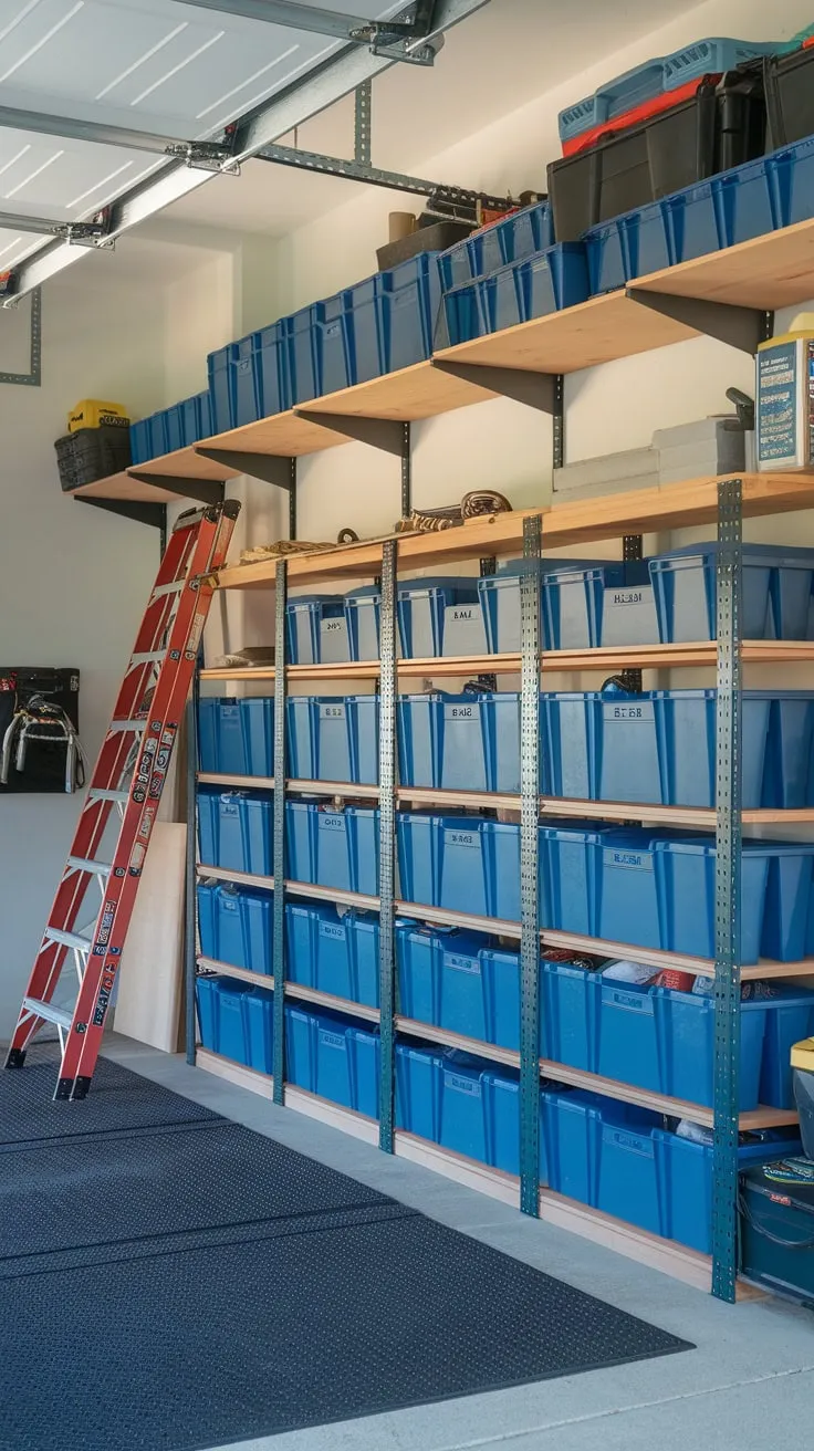 A DIY grid-patterned shelving system maximizes garage tool storage with added upper shelves and rubber flooring for a tidy workspace