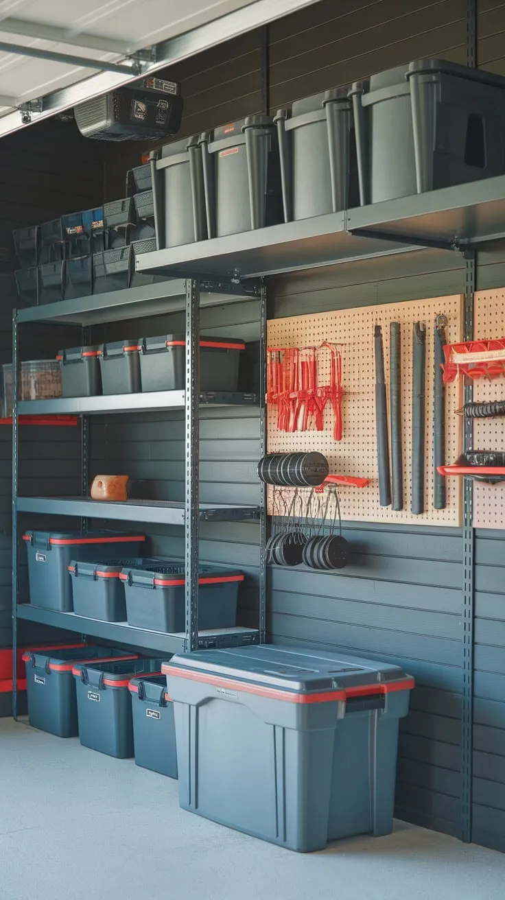 A dark grey garage is transformed into an efficient workspace using diverse storage like stackable bins, pegboards, and hanging tool racks.