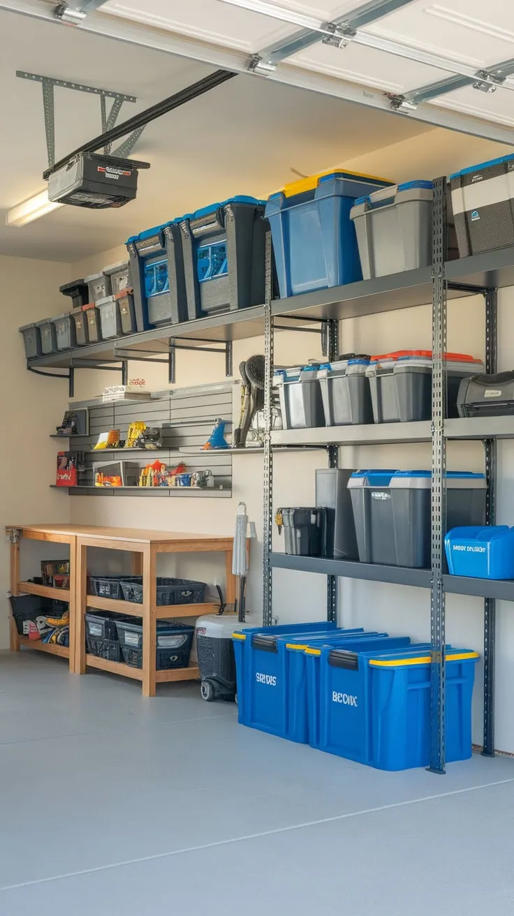 DIY racks and shelves create a clean, organized garage workspace perfect for efficient tool storage.