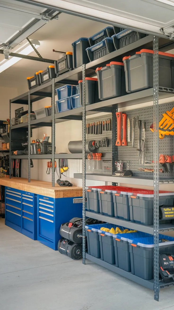 Transform your cluttered garage into a highly organized workshop with a DIY tool storage system featuring racks, shelves, and neatly stored containers.