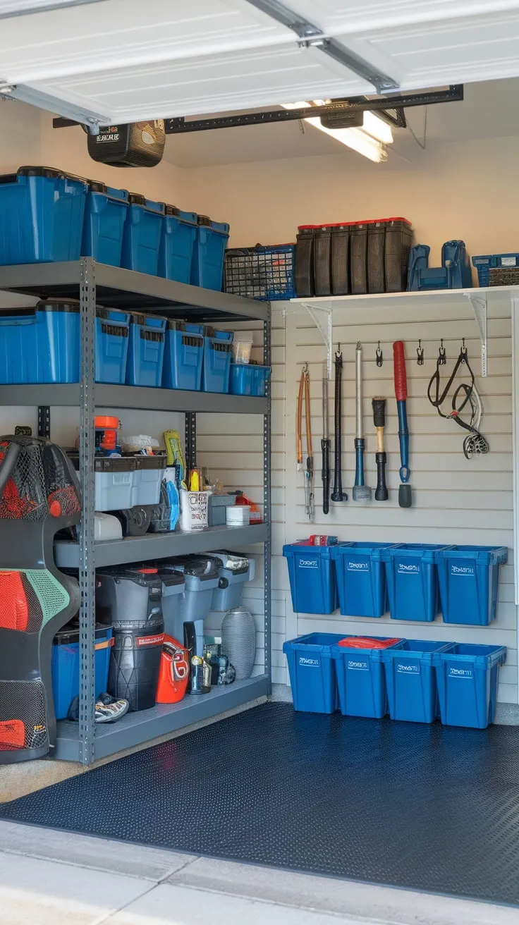 A clean and organized garage boasts efficient storage maximizing space with shelves, racks, and bins for all your tools and equipment.