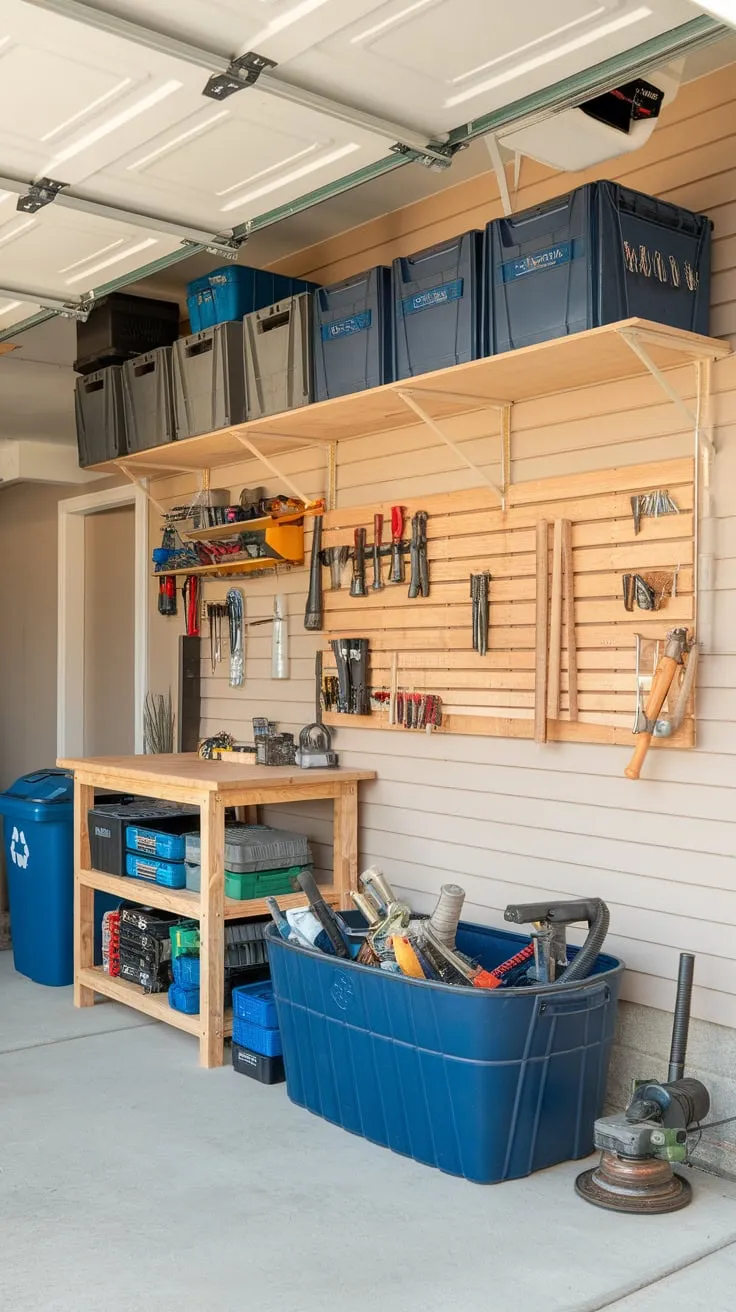 Transform your cluttered garage into a highly efficient workshop with custom-built storage racks, organized bins, and a dedicated workbench.