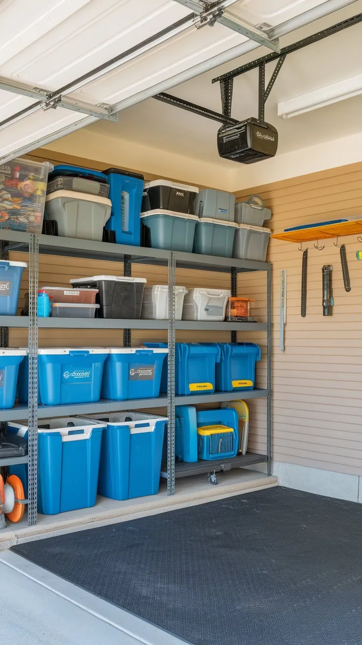 A well-organized garage boasts DIY racks, shelves, and wall hooks maximizing storage, with a rubber floor mat ensuring safety and easy access.