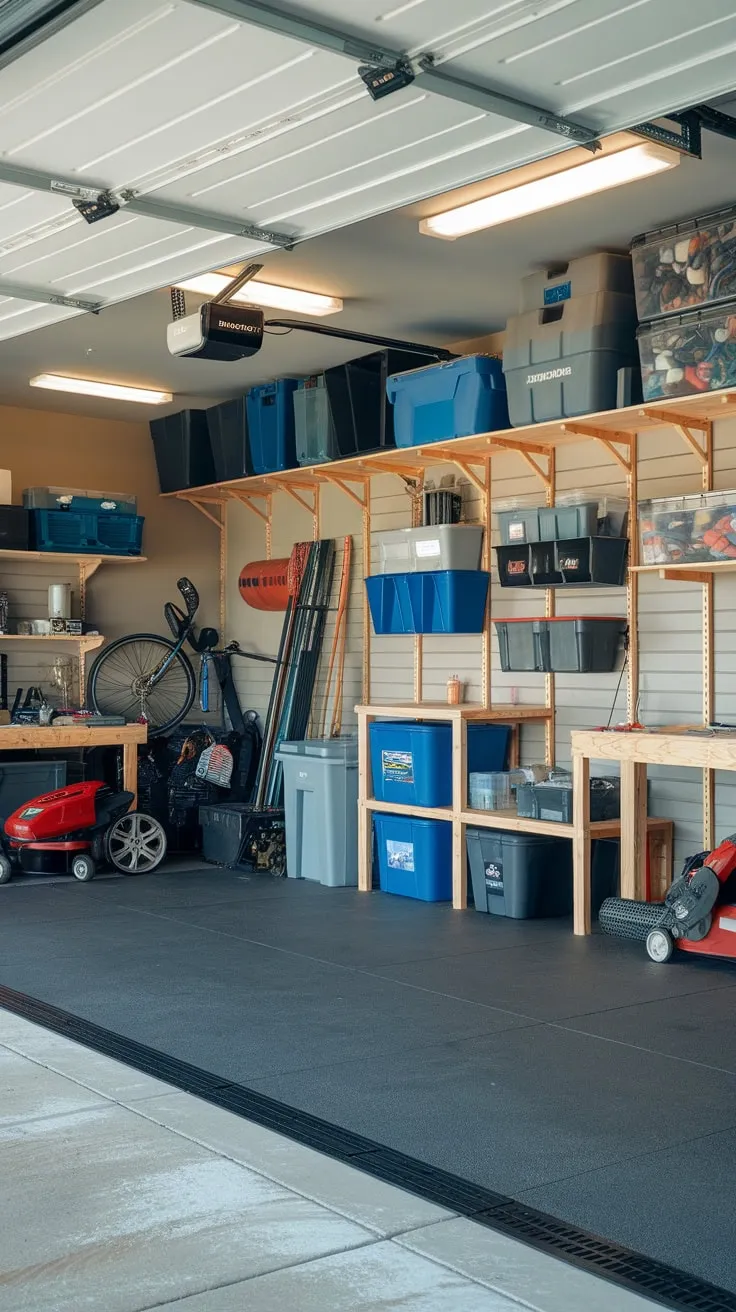 A bright, organized garage boasts DIY racks, shelves, and tubs, storing everything from bikes and mowers to tools on a rubber-matted floor, all complemented by a workbench.