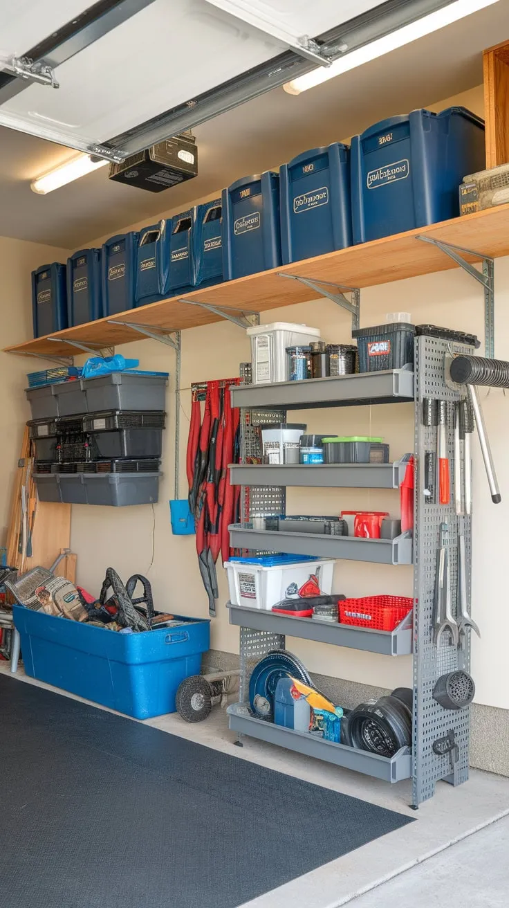 A well-organized garage boasts multi-tiered tool racks, wall-mounted storage, and floor protection for easy DIY access.
