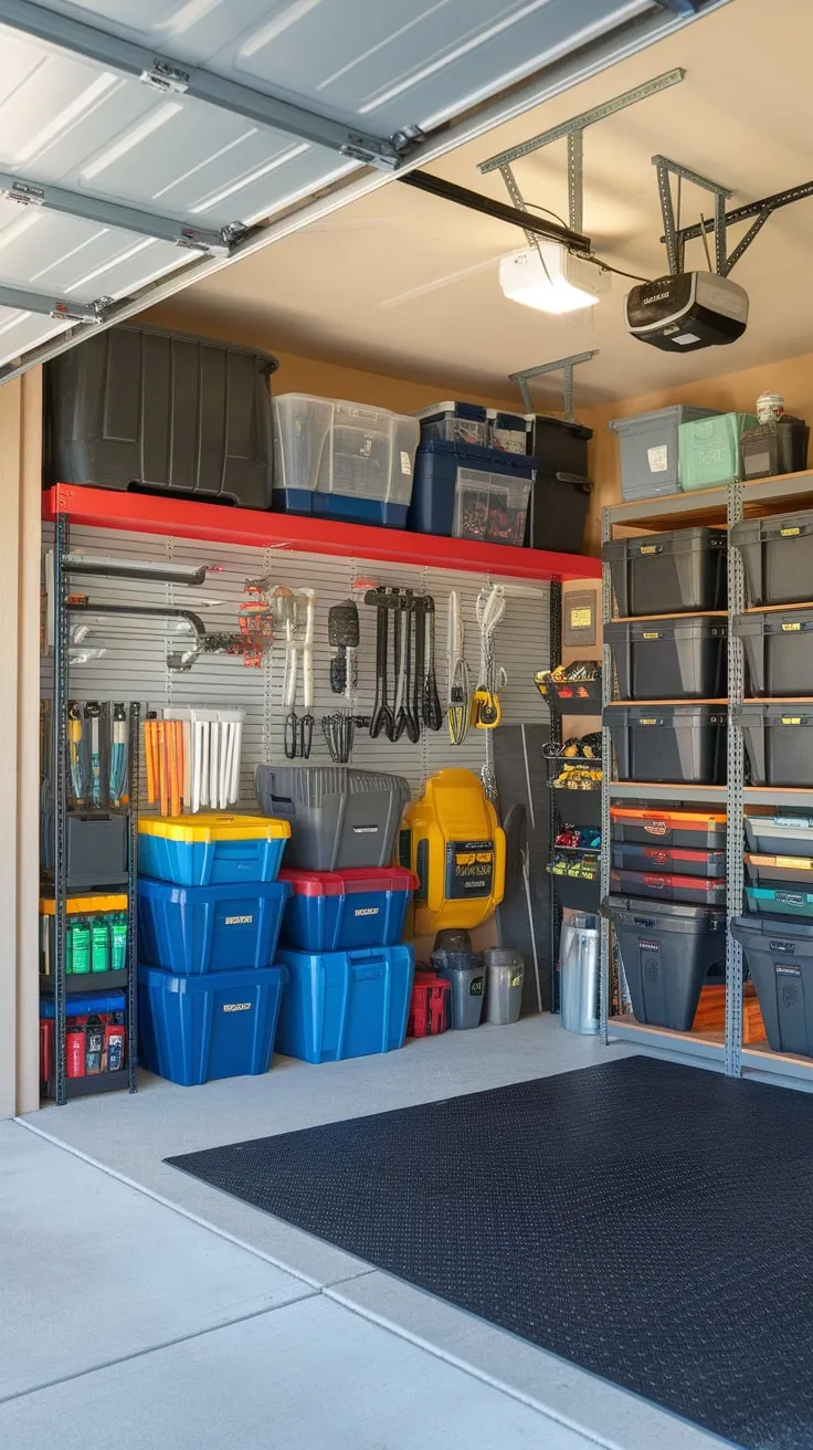 Transform your garage into a DIY haven with expertly organized racks, shelves, and totes, maximizing space and keeping tools readily accessible