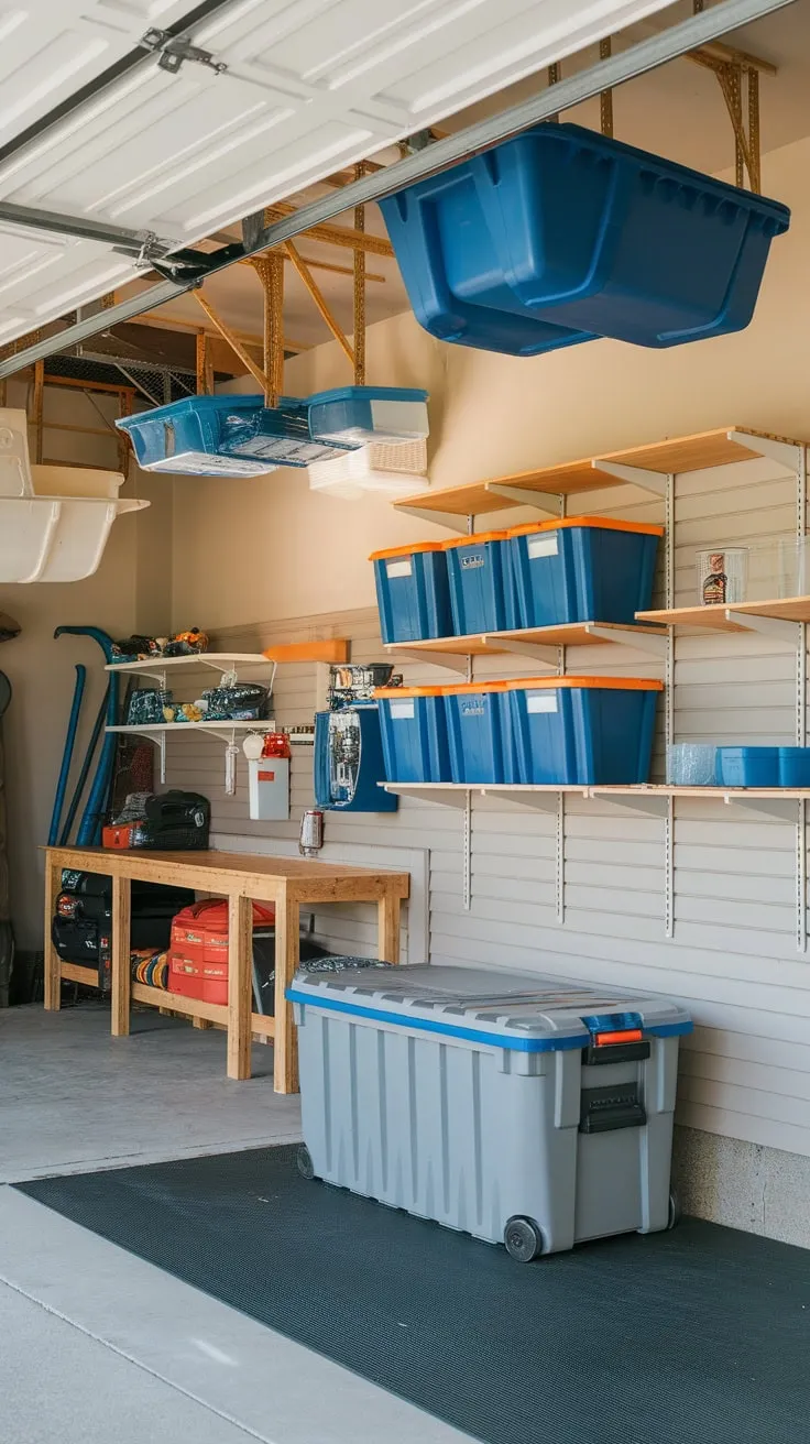A well-organized garage boasts DIY shelving, overhead storage, and a workbench, keeping tools readily accessible.