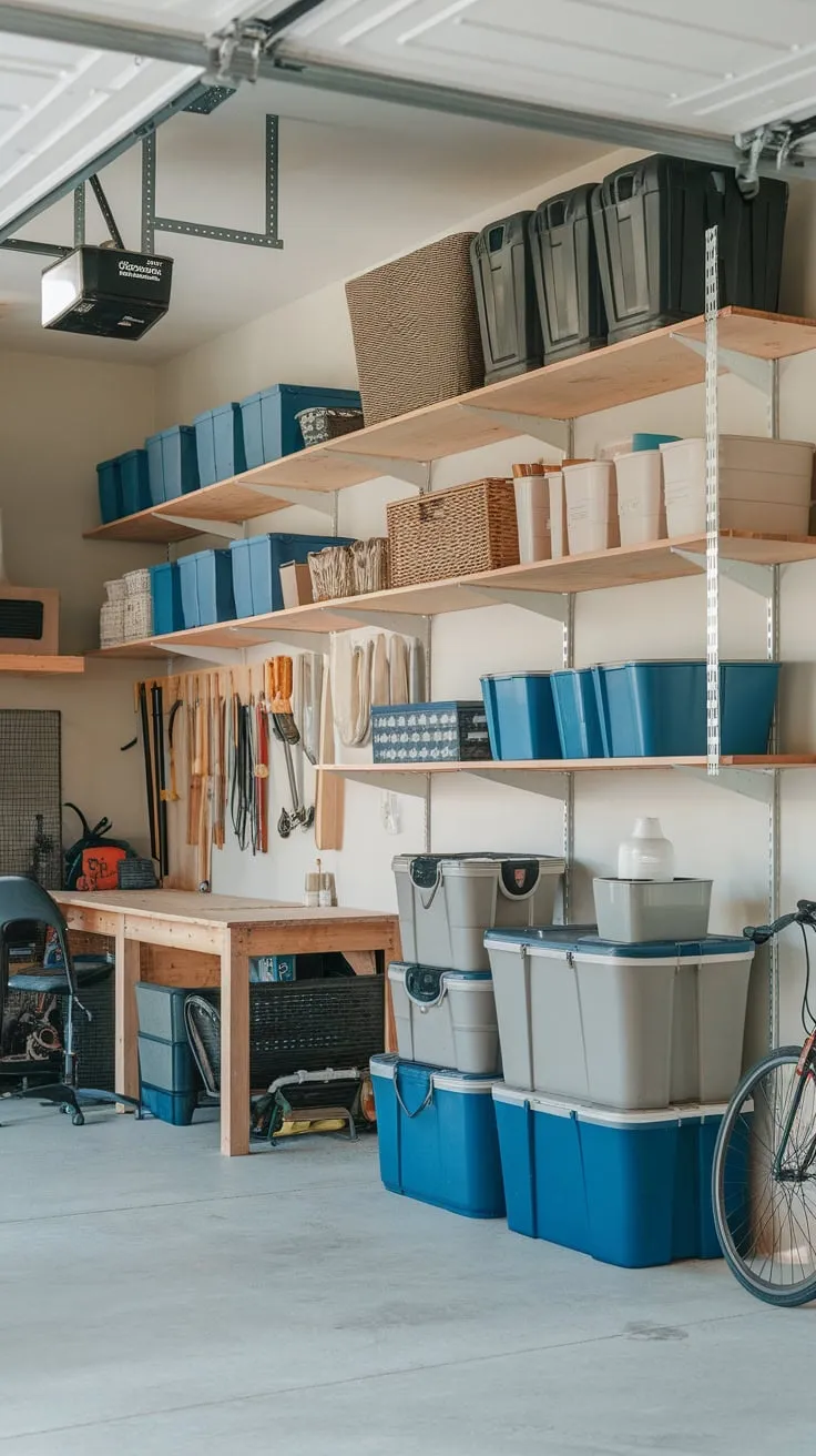 Organized DIY storage solutions transform a white-walled garage into an efficient workspace for tools and hobbies.