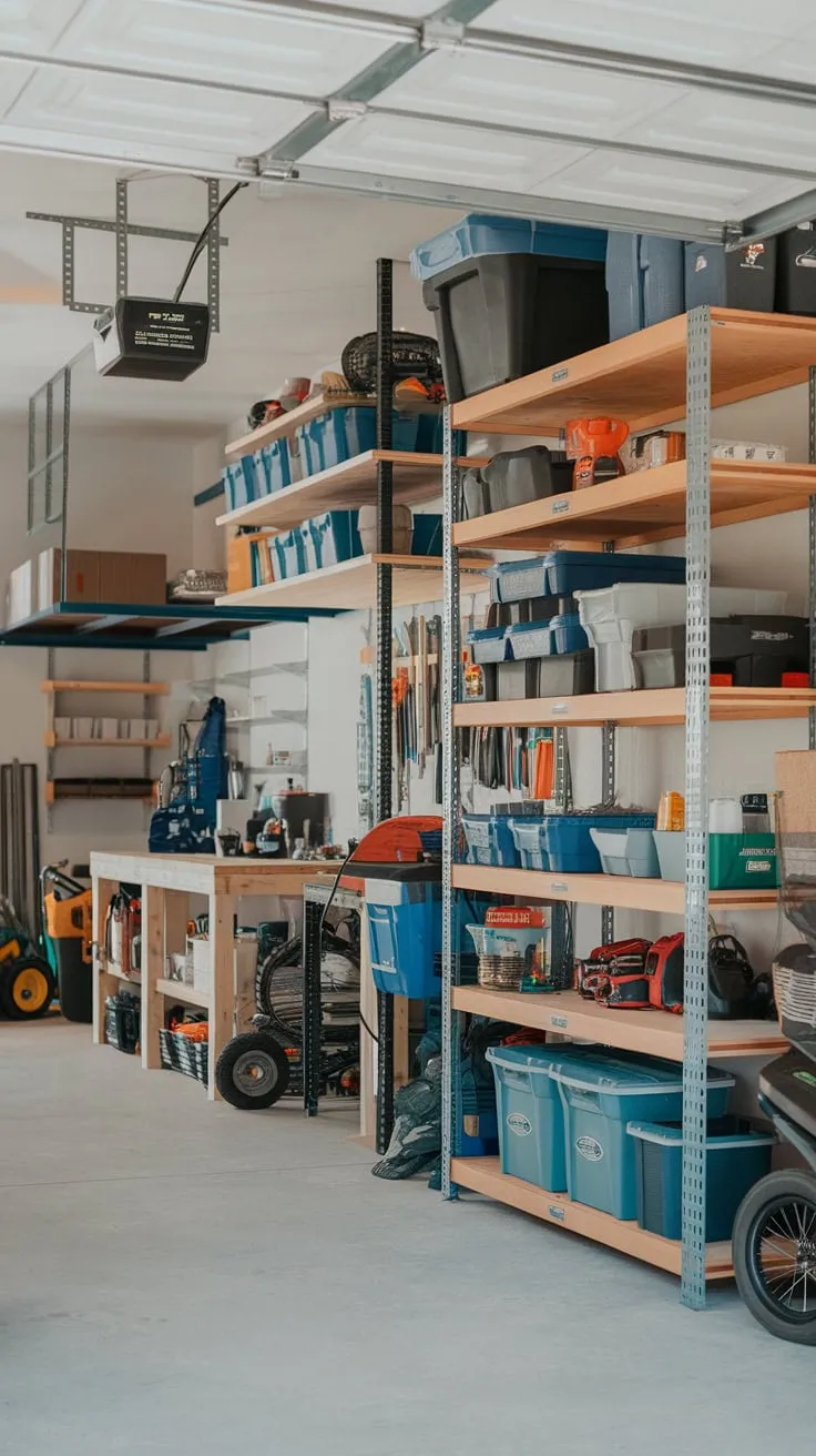 Maximize your garage space with custom-built shelves and racks, creating a streamlined system for tool storage and easy access.