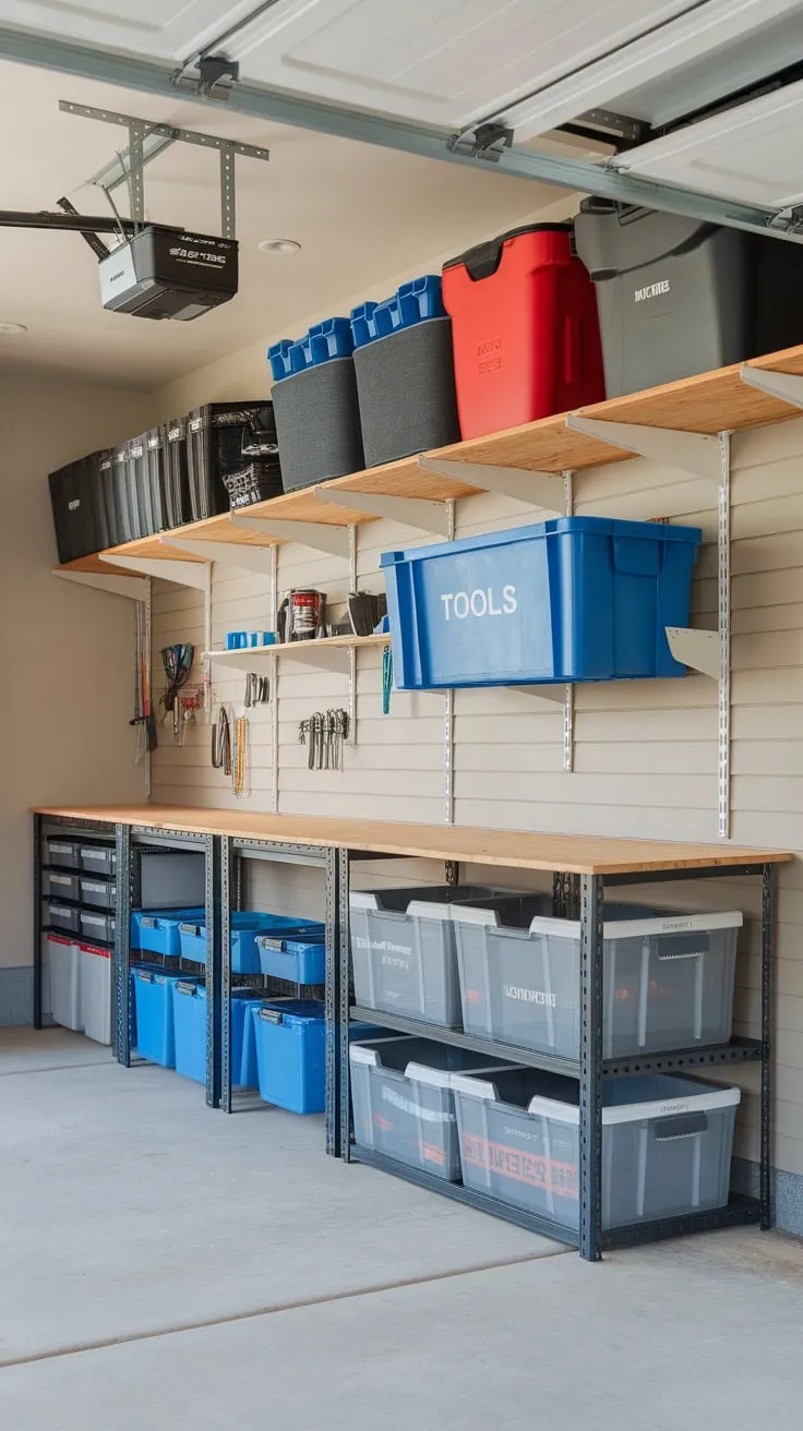 Transform your cluttered garage into an efficient workshop using custom-built shelving and labeled containers for easy tool and equipment access.