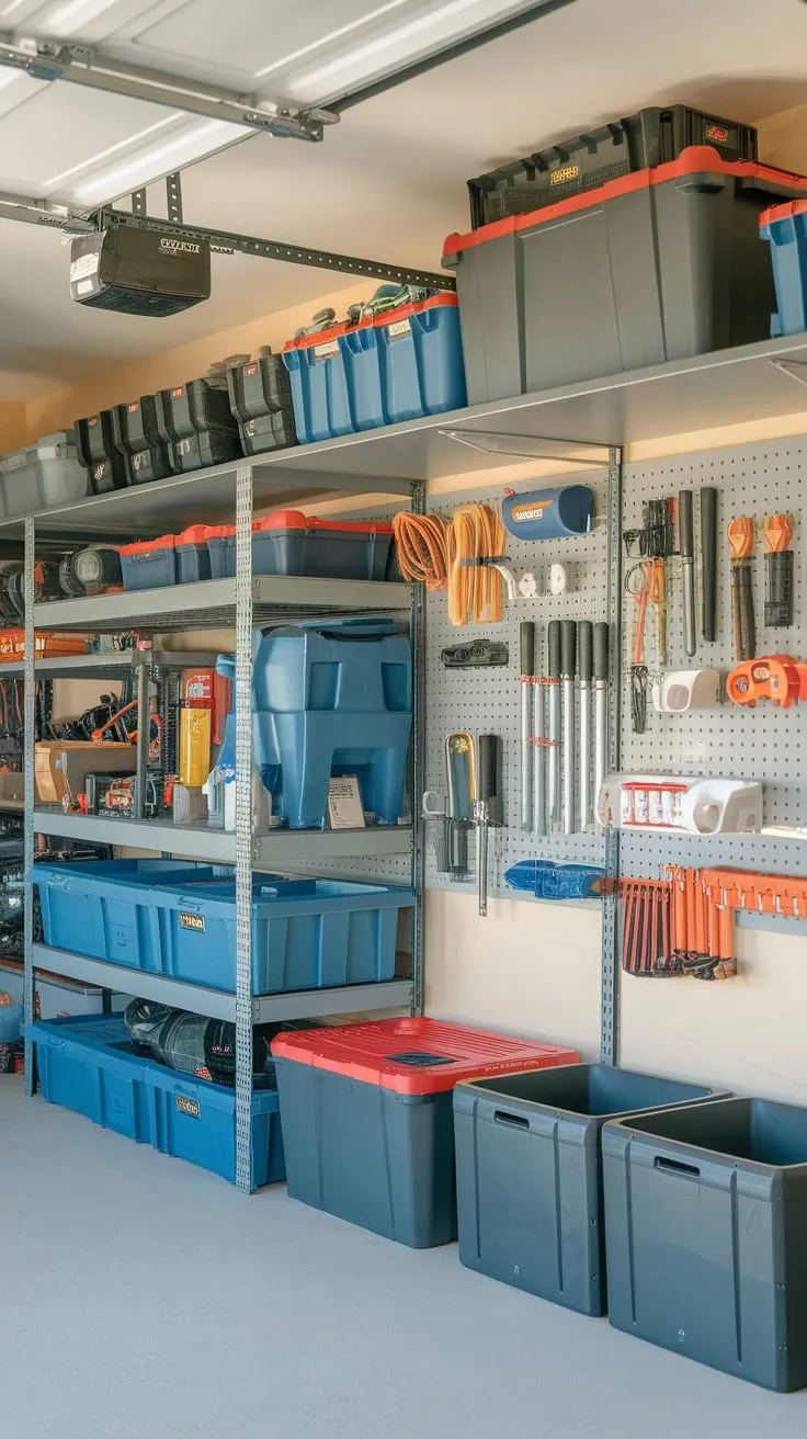 Transform your cluttered garage into a highly organized workshop with a custom-built tool storage system featuring racks, shelves, and totes for every item