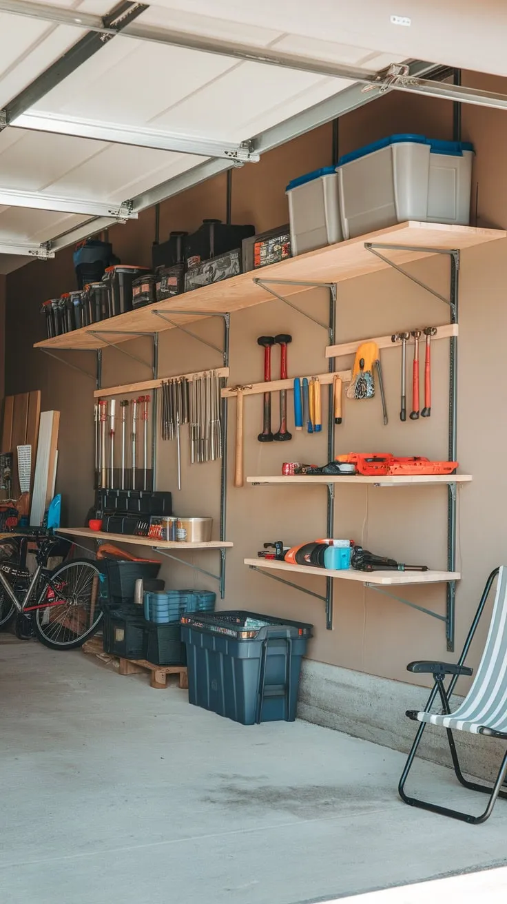 Transform your cluttered garage into an organized workshop with a custom-built wood and pipe tool storage system.