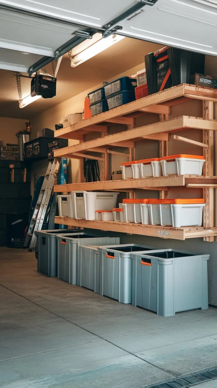 Brightly lit garage boasts a DIY multi-level wooden tool rack overflowing with organized containers and totes