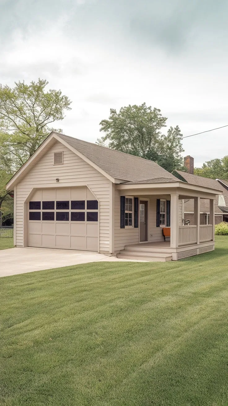 A charming beige gable-roofed house with a connected garage and porch sits nestled amongst trees and other homes, offering convenient living quarters.