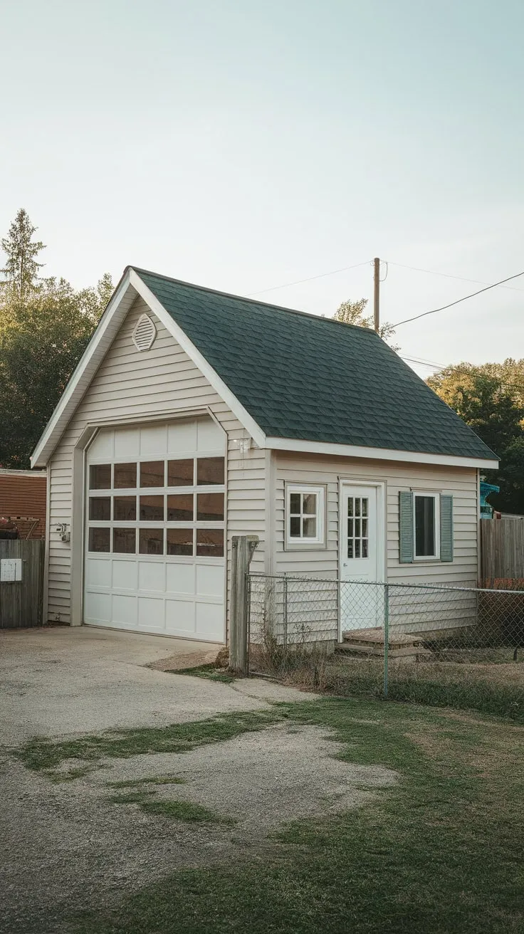 A secluded garage apartment, complete with a large door and private entrance, provides comfortable living in a tranquil setting.