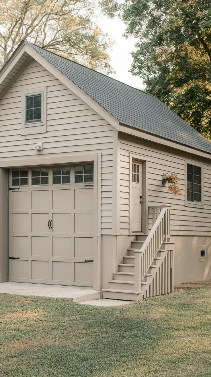 A charming, tree-lined setting houses a single-story garage featuring a large door and separate living quarters accessible via a side entrance.