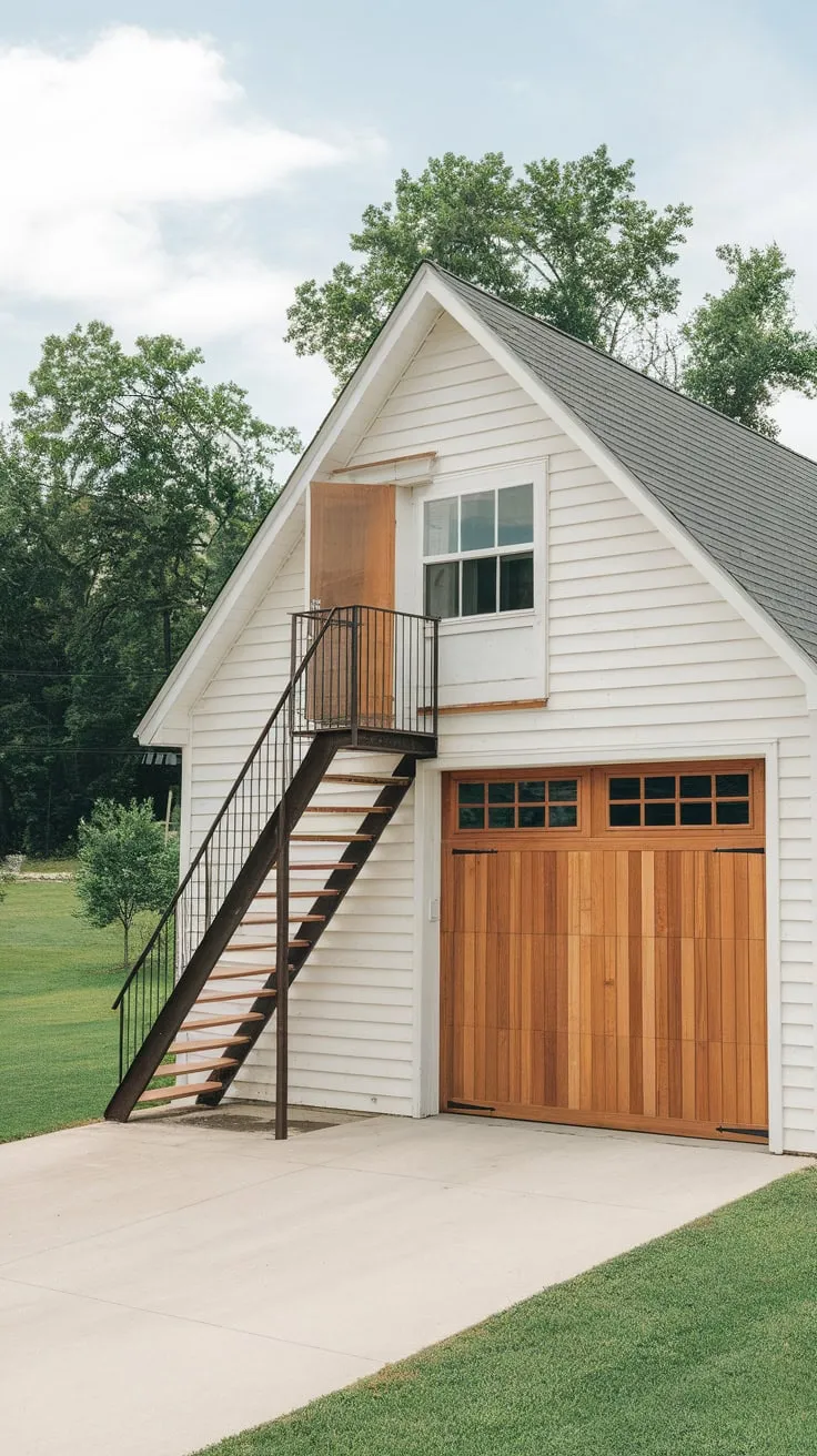 A quaint single-story white garage with living quarters above offers a peaceful retreat amidst nature.