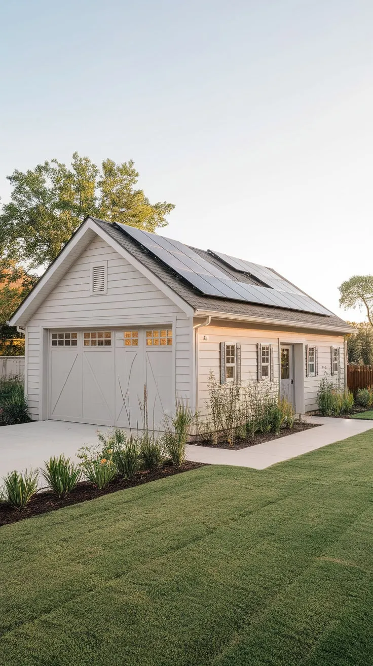 A charming single-story home seamlessly blends a solar-powered garage with attached living quarters, offering both practicality and curb appeal