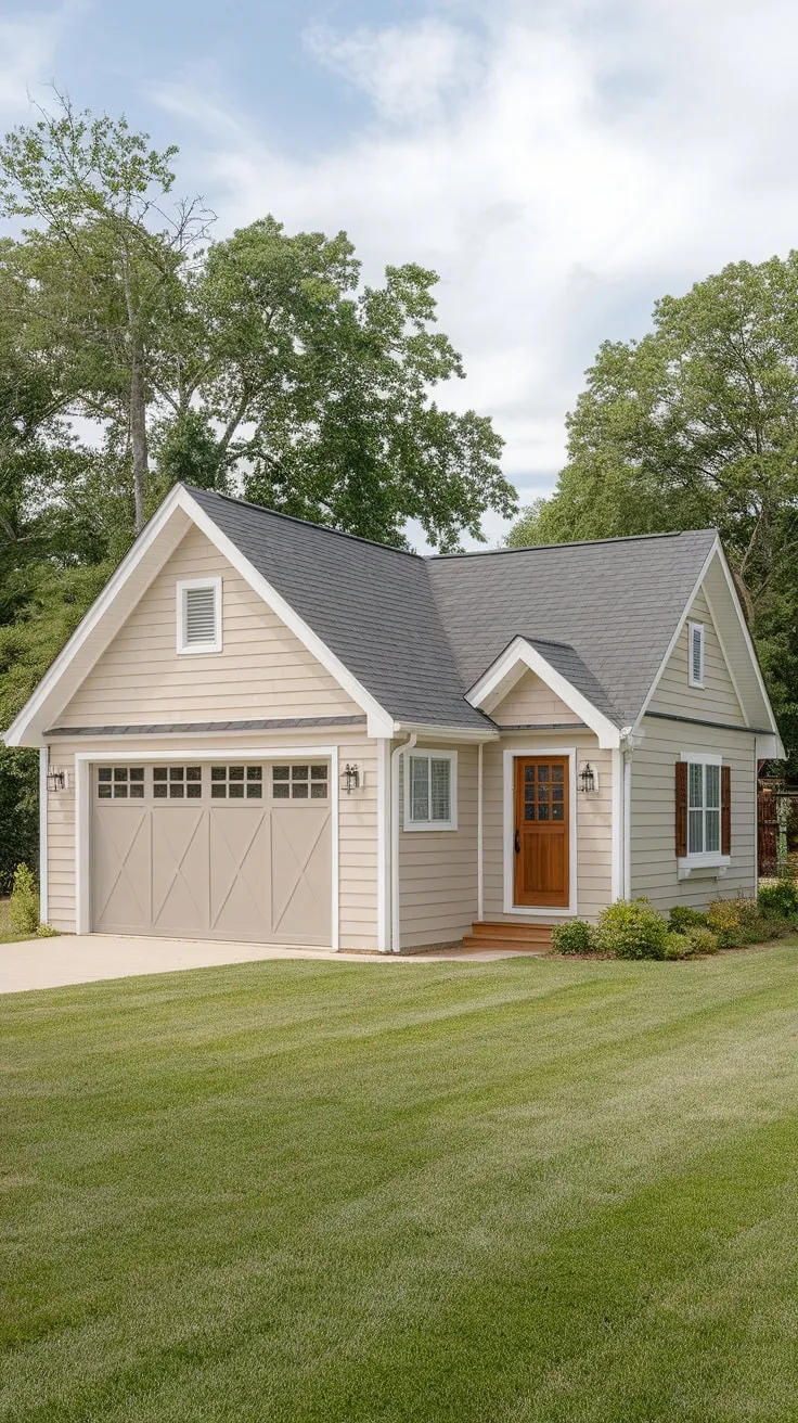 A charming beige single-story garage apartment with a pitched roof sits nestled amongst lush greenery