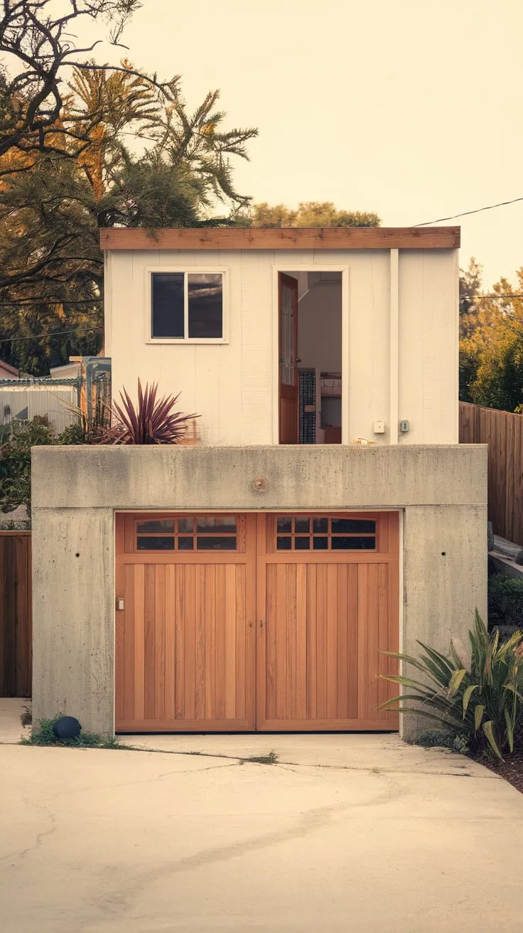 A sun-drenched concrete garage features a small, inviting apartment upstairs, surrounded by nature's beauty.