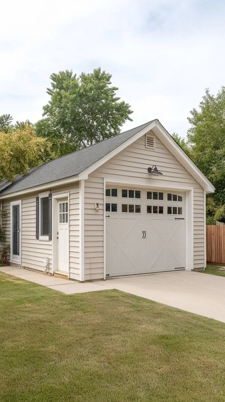 A picturesque single-story structure combines a spacious garage with private living quarters, complete with outdoor space and natural surroundings.