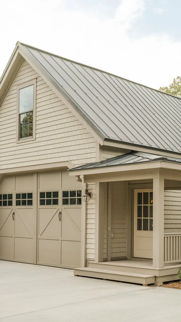 A beige single-story garage with living quarters, a large metal-roofed door, and a small porch offers convenient connected living space
