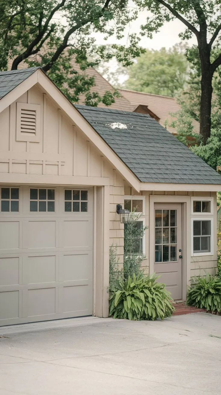 A charming beige single-story garage apartment nestled among trees boasts a large garage door and inviting living quarters with green accents