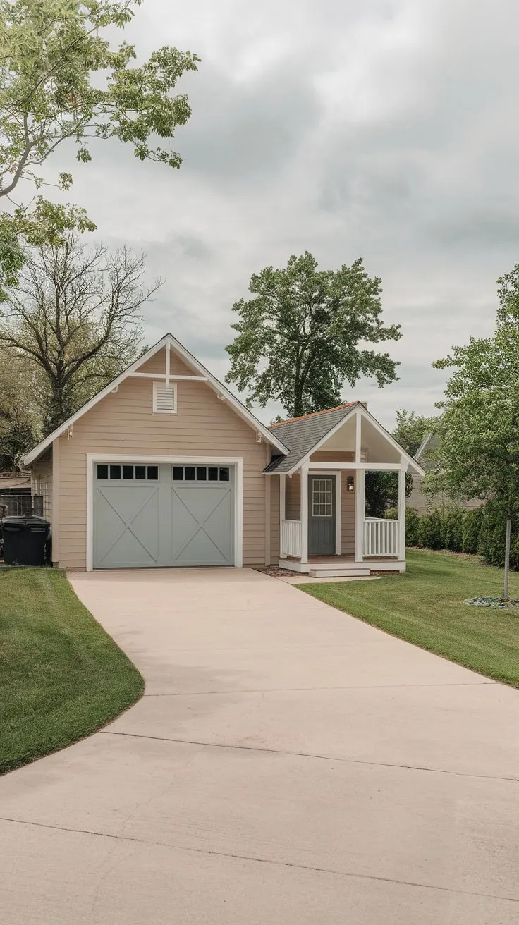 A single-story home seamlessly blends living quarters and a spacious garage, offering convenient living in a picturesque setting.