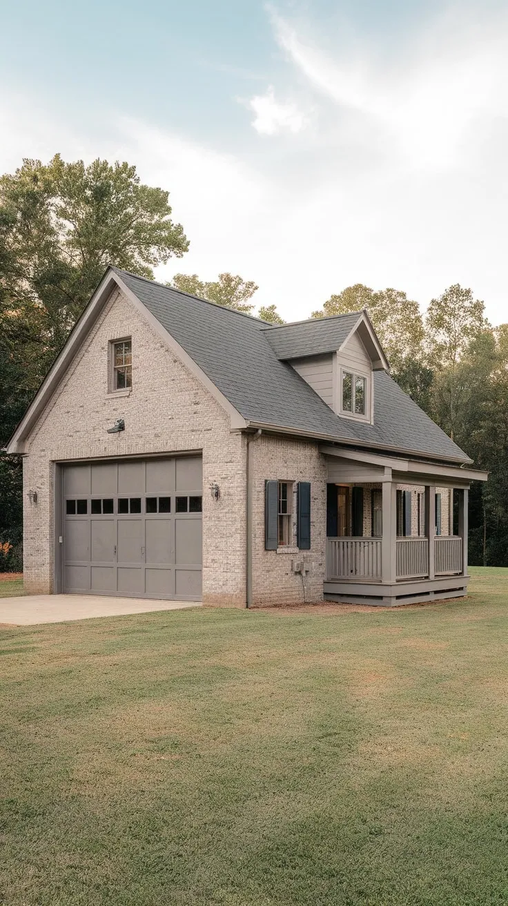 A charming brick garage with attached living quarters, a spacious door, and a small porch overlooks a verdant lawn