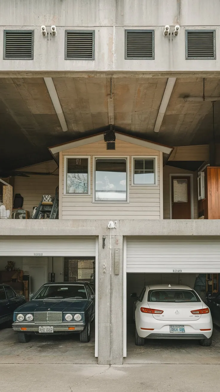 A concrete single-story structure houses a multi-car garage seamlessly integrated with a small, vented living space