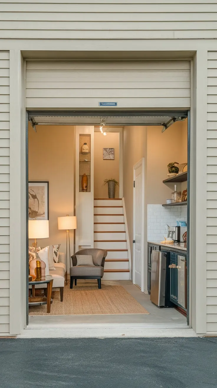 Upstairs living quarters, accessible via a staircase, provide comfortable self-contained space above a spacious attached garage.