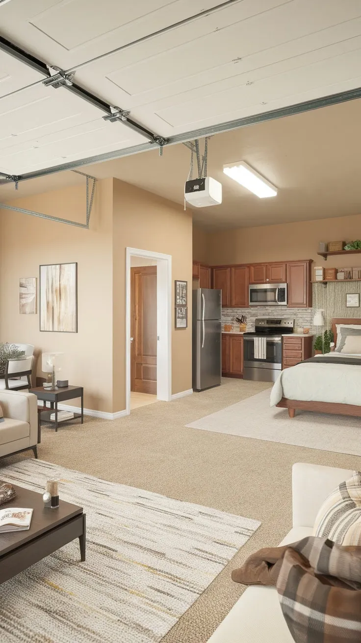 Live comfortably in a self-contained apartment attached to a large multi-car garage.