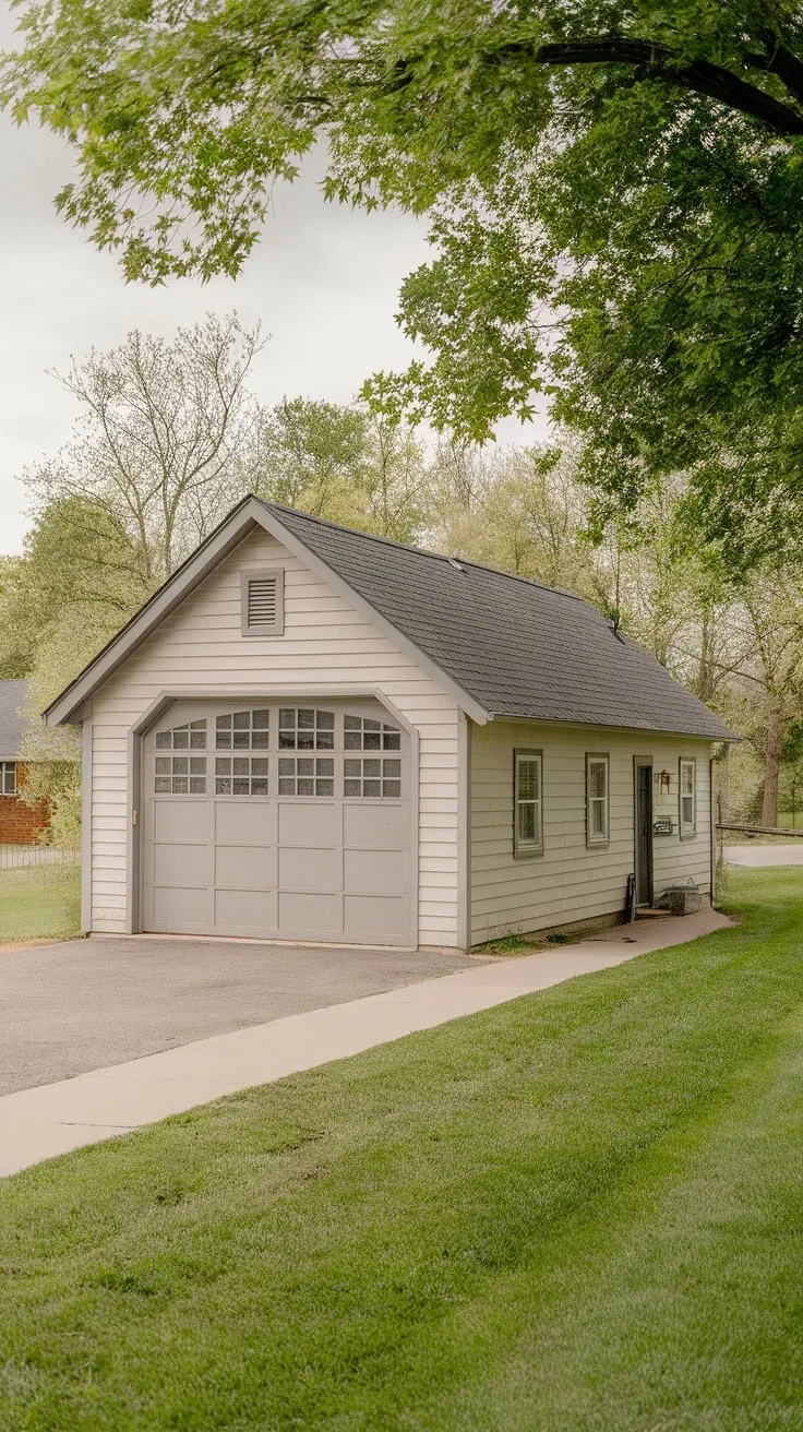 A picturesque suburban home features a spacious garage converted into living quarters, complete with a private pathway and lush landscaping.