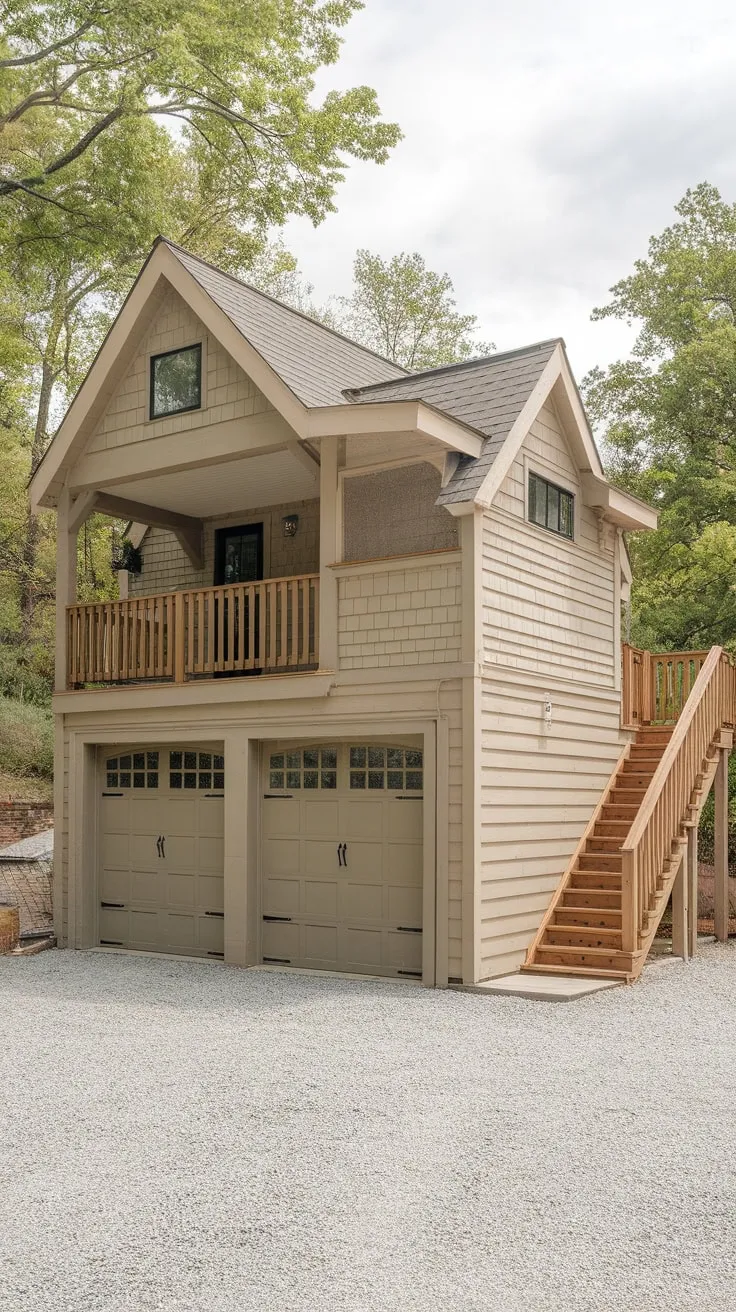 A charming beige wood-sided garage boasts a private apartment with a covered porch accessed by a wooden staircase, all set atop a gravel base