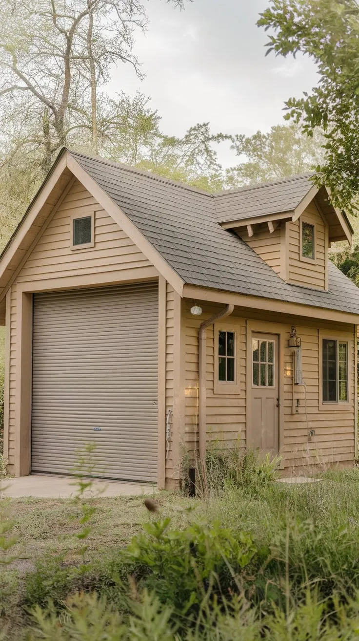 A charming light brown wood garage with attached living quarters nestled amongst lush greenery offers ample space and rustic appeal